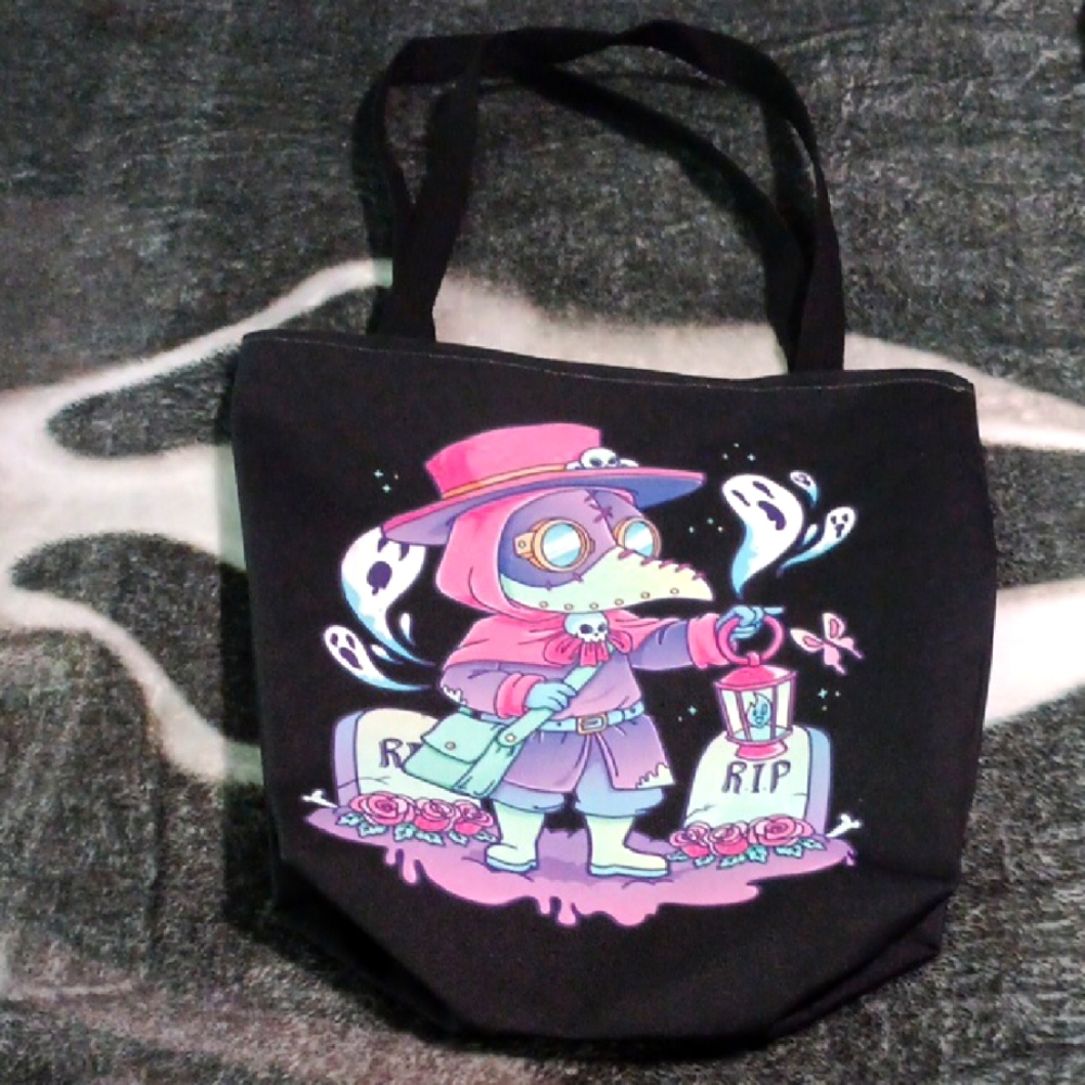 Black Tote Bag with Plague Doctor Design